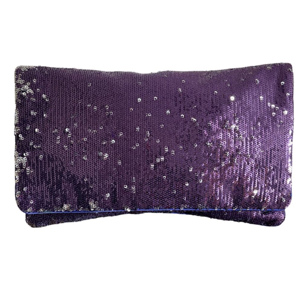 BCBGMAXAZRIA Sparkly Purple Sequin Foldover Clutch Evening Bag